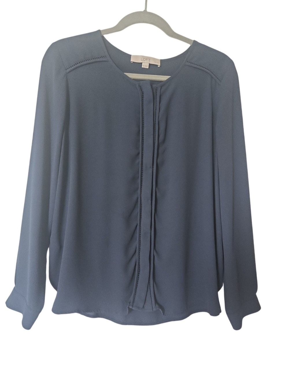 LOFT Slate Blue Ruffle-Trim Long Sleeve Blouse